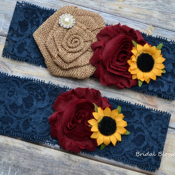 Navy Blue Burgundy Tan Burlap Sunflower Bridal Garter Set | Chiffon Fabric Flower Garters | Rustic Country Wedding | Stretch Lace Plus Size