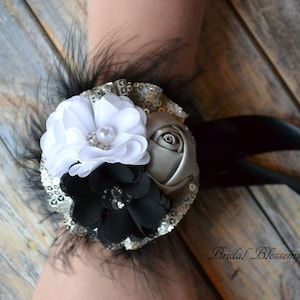Prom Wedding Chiffon Satin Flower Wrist Corsage & Boutonniere | Sequin Feather | Mother of the Bride | Black Silver Gray Homecoming Flowers