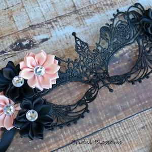 Peach Black Flower Masquerade Mask - Embroidery Masks Halloween Ball Party Wedding Gothic Phantom Venetian Mardi Gras Costume Rhinestone A10