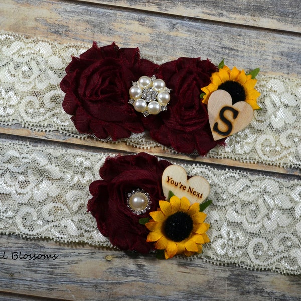 Burgundy Ivory Sunflower Pearl Bridal Garter Set | Chiffon Fabric Flower Lace Garter Pearl Rhinestone Wedding Stretch Lace Plus Size Maroon