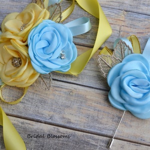 Yellow Light Blue Gold Flower Corsage | Vintage Inspired Wedding | Satin Singed Roses | Bridal Baby Shower Prom Wrist Corsages Pin On