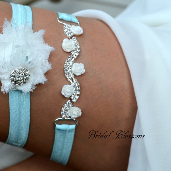 Rhinestone Bridal Garter Set | Blue Elastic Garters Off White Flowers | Rhinestone Wedding No Slip Elastic Garter | Plus Size | Applique