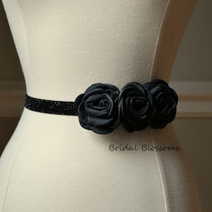 EVELYN Black Flower Shimmer Skinny Elastic Belt | Bridal Bridesmaid | Glitter Sash | Thin Dress Belt | Wedding Prom Belts