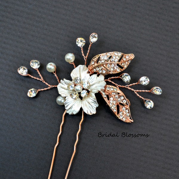 Pearl Rhinestone Crystal Flower Bridal Hair Pin | Wedding HairPin Accessories | Prom | Rose Gold | Classic Headpiece Faux Jewels Comb C11