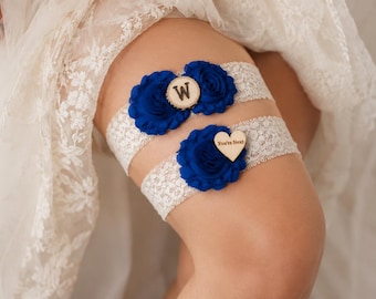 NO SLIP Royal Blue Ivory Bridal Garter Set With Initial | Chiffon Flower Garters | Wood Rustic Country Wedding | Stretch Lace | Plus Size