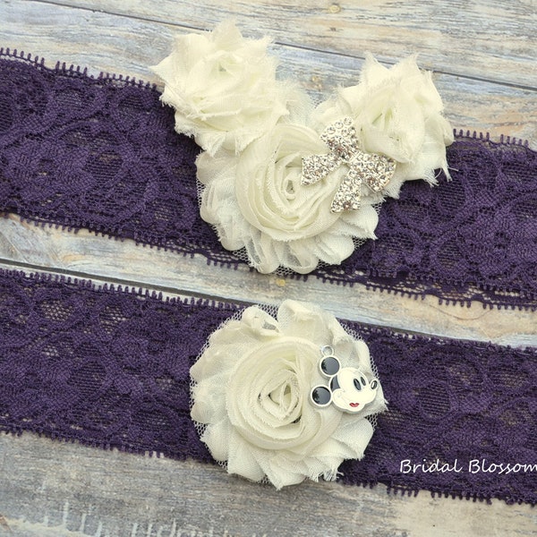 Ivory Dark Purple Minnie Mickey Mouse Bridal Garter Set | Chiffon Fabric Flower Lace Garter | Rhinestone Wedding Stretch Lace Plus Size