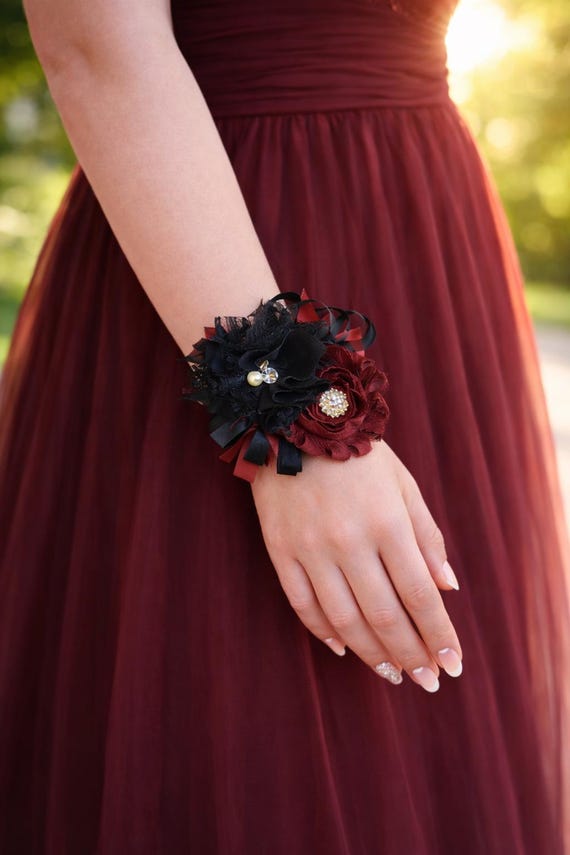 Rose in Tessuto Corsage da Polso Sposa Fiore a Mano Damigella d'Onore Foglie Floreali finte Bracciale con Nastro da Sposa per Accessori per Gli Ospiti-Blu Scuro
