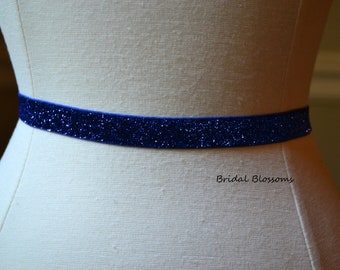 ABIGAIL Ceinture élastique fine scintillante bleu royal | Demoiselle d’honneur nuptiale | Ceinture à paillettes | Ceinture de robe fine, accessoires de mariée, ceintures de bal