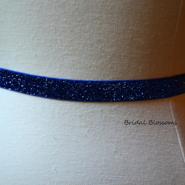 ABIGAIL Royal Blue Shimmer Skinny Elastic Belt | Bridal Bridesmaid | Glitter Sash | Thin Dress Belt Wedding Bridal Accessories Prom Belts