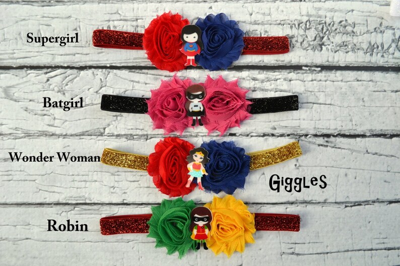Newborn Flower Elastic Headband Set of 4 Superhero Baby Headbands Chiffon Flowers Photo Prop Batman Robin Wonder Woman Supergirl