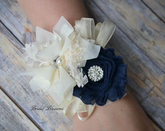 Beautiful Navy & Ivory Chiffon Flower Wrist Corsage | Wedding Corsage | Country Fall Wedding | Mother of the Bride | Dark Blue | Pearl