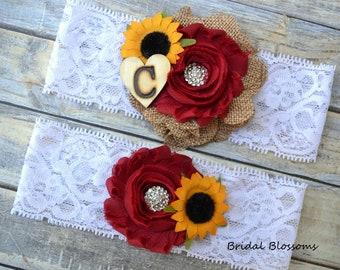 Bridal White Scarlet Red Tan Burlap Sunflower Bridal Garter Set Initial | Flower Garters | Wood Rustic Country Wedding Lace Plus Size