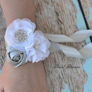 White & Silver Chiffon Satin Flower Wrist Corsage | Vintage Inspired Wedding | Mother of the Bride | Bridal Shower | Prom | Boutonniere