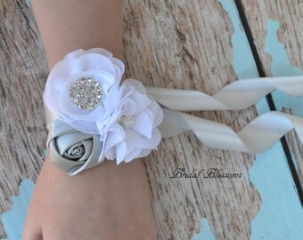 White & Silver Chiffon Satin Flower Wrist Corsage | Vintage Inspired Wedding | Mother of the Bride | Bridal Shower | Prom | Boutonniere