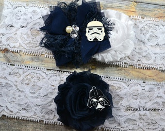 Star Wars Bridal Garter Set | Darth Vader Storm Trooper Wedding Garters | Flower Stretch Lace Garter | Keepsake Toss Superhero Navy White