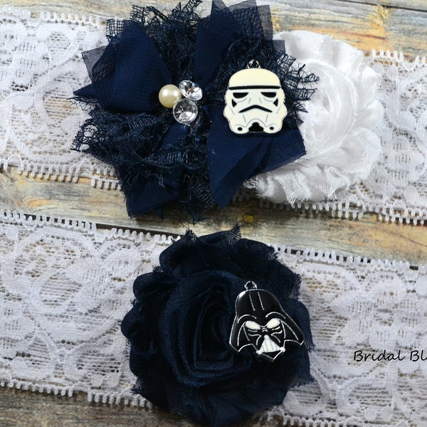 Star Wars Bridal Garter Set | Darth Vader Storm Trooper Wedding Garters | Flower Stretch Lace Garter | Keepsake Toss Superhero Navy White