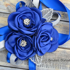 Royal Blue Silver Flower Wrist Corsage & Boutonniere | Wedding Satin Singed Roses Mother of Bride Baby Shower Prom Homecoming Flowers