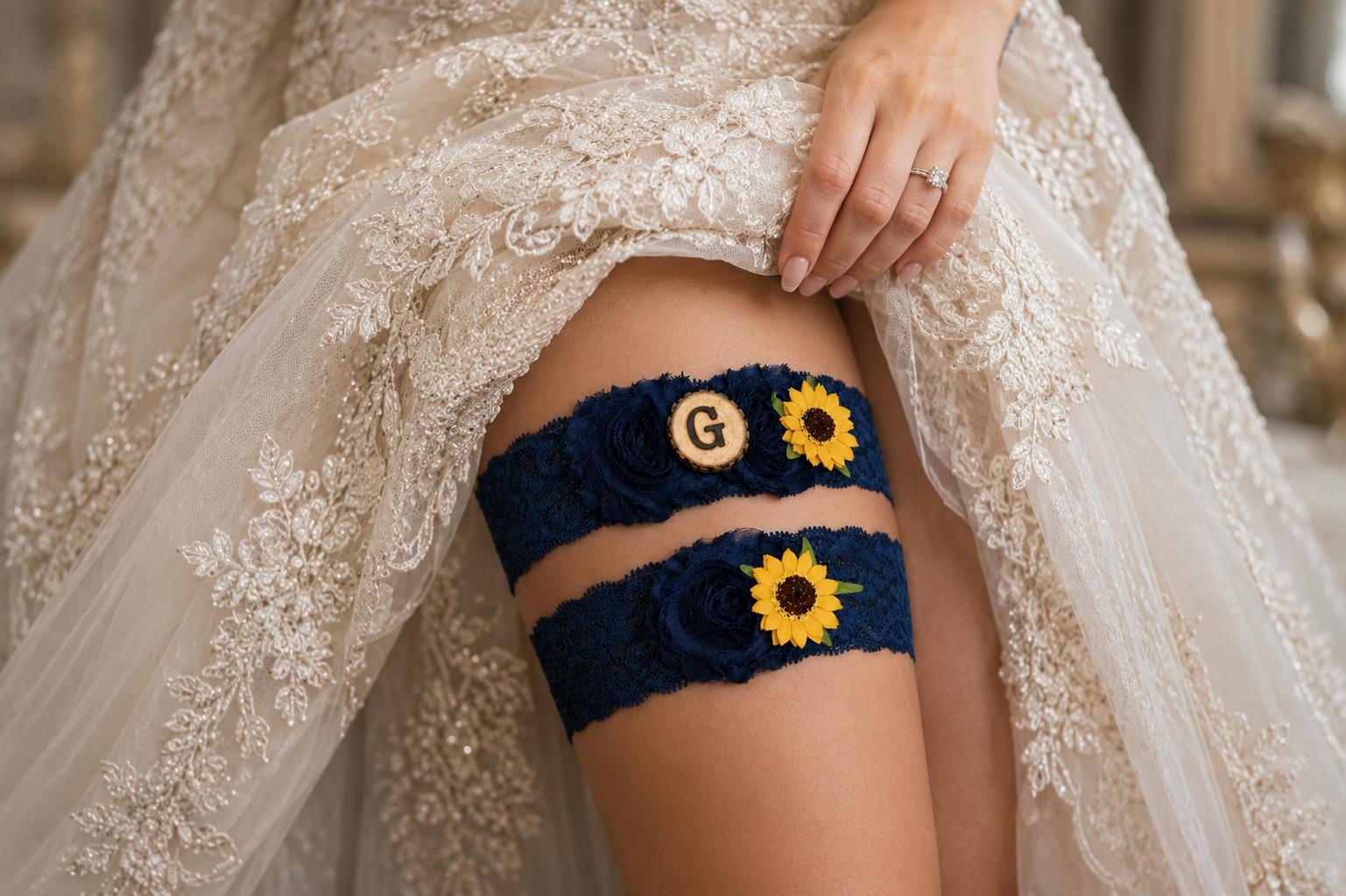NO-SLIP Navy Blue Sunflower Bridal Garter Set With Initial Chiffon Flower Garters Wood Rustic Country Wedding Stretch Lace Plus Size