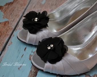 à pinces à chaussures noires duveteuses en mousseline de soie | Perle strass | Mariage Nuptiale | Fleurs chaussures | Cadeau de mariée demoiselle d'honneur | Fleurs en tissu