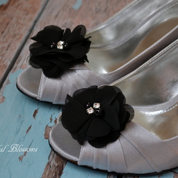 Black Fluffy Chiffon Flower Shoe Clips | Pearl Rhinestone | Wedding Bridal | Shoe Flowers | Bridal Bridesmaid Gift | Fabric Flowers