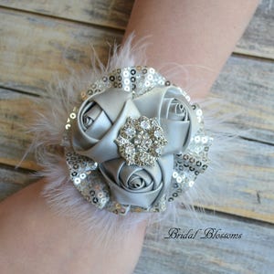 Silver White Satin Flower Wrist Corsage & Boutonniere Set | Sequin Feather Elastic Wristlet | Prom Homecoming Gatsby Inspired | Keepsake