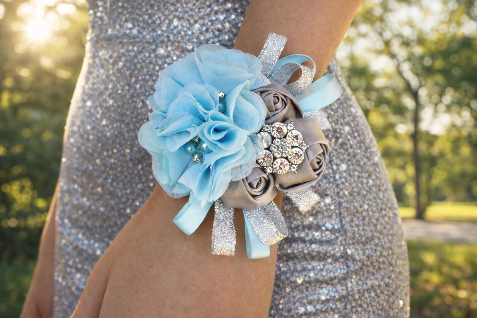 Light Blue Silver Gray Floral Wrist Corsage & Boutonniere Set | Satin  Chiffon Flowers | Prom Wedding Homecoming | Rhinestone Keepsake - Etsy