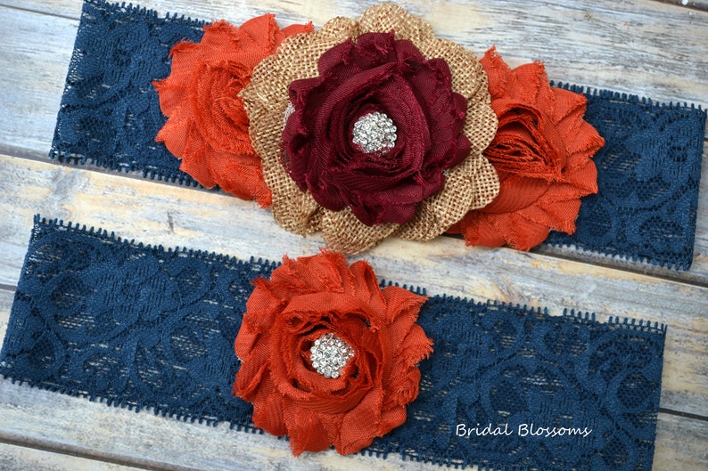 Navy Blue Burnt Orange Burgundy Tan Burlap Bridal Garter Set Wood Rustic Wedding Chiffon Fabric Flower Garters Stretch Lace Plus Size