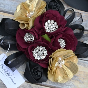 Burgundy Black Gold Chiffon Satin Flower Wrist Corsage | Vintage Inspired Wedding | Prom Homecoming Flowers Bout Dark Red | Boutonniere