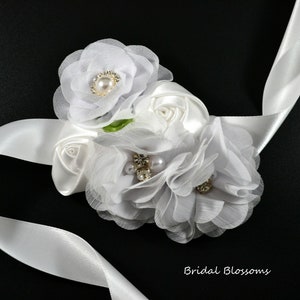 White Chiffon Satin Flower Wrist Corsage | Vintage Inspired Wedding | Mother of the Bride | Bridal Shower | Easter | Boutonniere