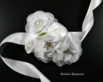 White Chiffon Satin Flower Wrist Corsage | Vintage Inspired Wedding | Mother of the Bride | Bridal Shower | Easter | Boutonniere