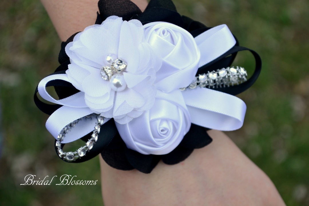 Black White Satin Chiffon Flower Wrist Corsage Boutonniere