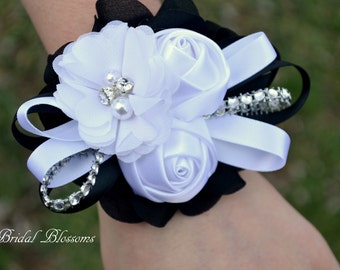 Black White Satin Chiffon Flower Wrist Corsage Boutonniere | Elastic Wristlet | Prom | Gatsby Inspired | Wedding Bride Mother