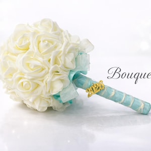 Aqua Ivory Bridal Prom Bouquet Set | Promquet, Cuff Corsage & Boutonniere | Keepsake Prom Flowers Foam Rose Bouquet | Wedding Gold Silver