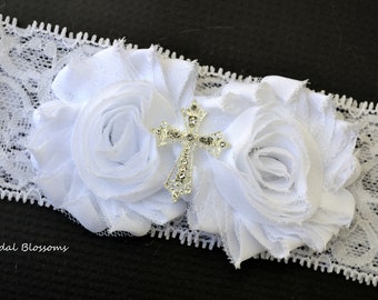 Weißes Taufe Baby Stirnband | Blumen Kreuz Strass Stirnband | Neugeborenen Baby Spitzen Stirnband | Foto Prop Blumen