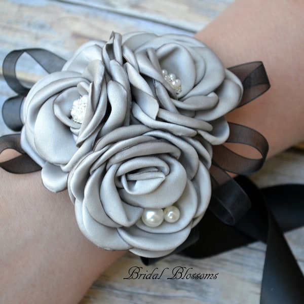 Silver Gray Black Flower Wrist Corsage & Boutonniere | Vintage Inspired Wedding Satin Singed Roses Bride Baby Shower Prom Homecoming