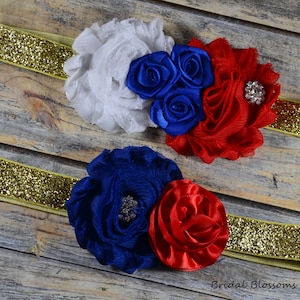 Red White Blue Gold Bridal Garter Set | Wedding Garters | Flower Stretch Lace Garter | Keepsake Toss USA Military Patriotic