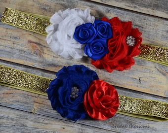 Red White Blue Gold Bridal Garter Set | Wedding Garters | Flower Stretch Lace Garter | Keepsake Toss USA Military Patriotic