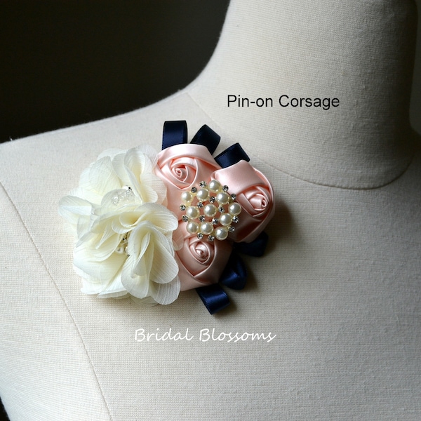 Blush Navy Ivory Flower Brooch or Wrist Corsage Boutonniere Set | Vintage Inspired Wedding | Satin Rolled Roses | Bridal Shower Prom Blue