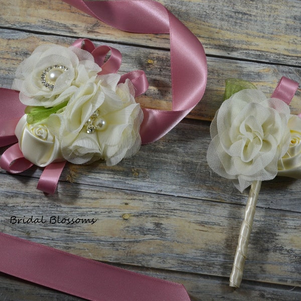 Corsage de poignet en mousseline de soie ivoire Dusty Rose | Mariage d'inspiration vintage | Mère de la mariée | Douche nuptiale | Bal | Boutonnière