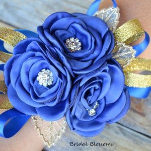 Royal Blue Gold Flower Wrist Corsage & Boutonniere | Wedding Satin Singed Roses Mother of Bride Baby Shower Prom Homecoming Flowers