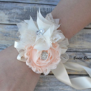 Beautiful Blush & Ivory Chiffon Flower Wrist Corsage | Wedding Corsage | Country Fall Wedding | Mother of the Bride | Pearl | Pale Peach
