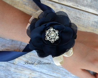 BEST SELLER - Navy Blue Chiffon Flower Wrist Corsage | Vintage Inspired Wedding | Elegant Wedding | Mother of the Bride | Flower Girl | Prom