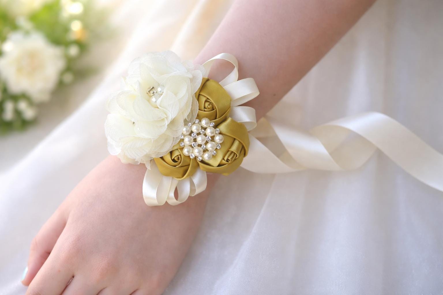 Gold Ivory Floral Wrist Corsage & Matching Boutonniere | Satin Chiffon  Flowers Pearl Rhinestone | Prom Wedding Homecoming Keepsake - Etsy