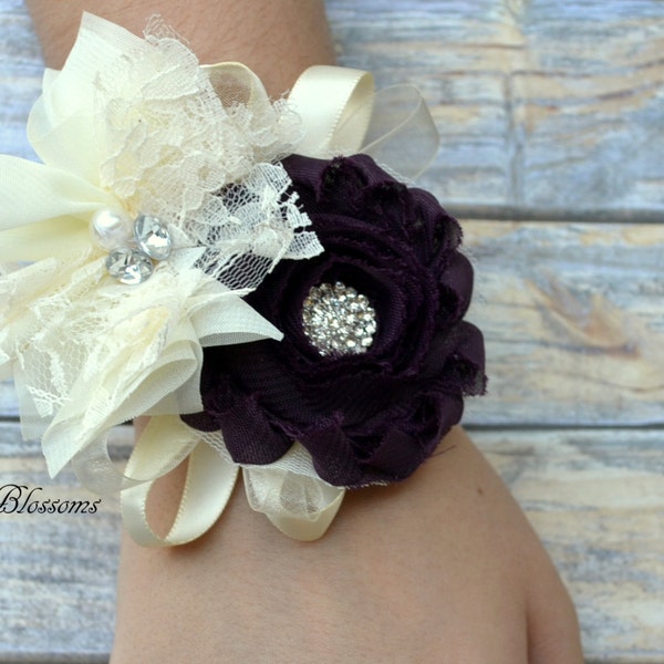 Beautiful Eggplant & Ivory Chiffon Flower Wrist Corsage | Wedding Corsage | Country Fall Wedding | Mother of the Bride | Dark Purple | Pearl