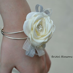 Ivory Silver Flower Wrist Corsage Cuff Bracelet & Boutonniere | Vintage Inspired Wedding | Satin Roses | Mother of Bride Bridal Shower Prom