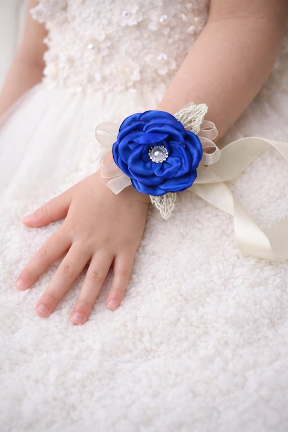wrist corsage for royal blue dress Child Ivory Flower | Vintage Inspired Wedding Satin Singed Roses Gold Leaf Baby Shower Prom Kid Girl Children Navy Blue Wrist Corsage Party dresses KissProm Black Sleeveless Satin Color:As Photo royal blue corsage and boutonniere for prom