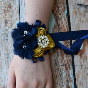 Gold Navy Blue Flower Wrist Corsage Boutonniere Set | Vintage Inspired Wedding | Chiffon Satin Rolled Roses | Bridal Baby Shower Prom