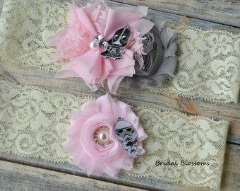 Star Wars Bridal Garter Set / Darth Vader Storm Trooper Wedding Garters / Flower Stretch Lace Garter Keepsake Toss Superhero Light Pink Grey