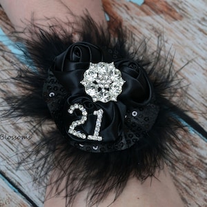 2025 Black Satin Flower Wrist Corsage & Boutonniere Set | Sequin Feather Elastic Wristlet Prom Homecoming Gatsby Homecoming