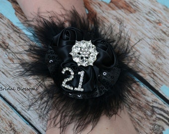 2024 Black Satin Flower Wrist Corsage & Boutonniere Set | Sequin Feather Elastic Wristlet Prom Homecoming Gatsby Homecoming